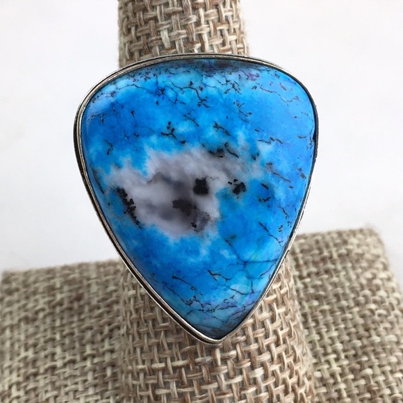 Blue Dendritic Dendrite Opal Stone Silver Overlay Ring 8 - Picture 1 of 8